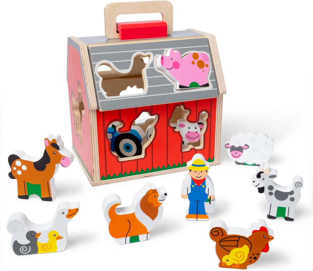 Melissa & Doug Take-Along Wooden Toy Barn - 11-Pc Portable Playset with Farm Animals & Pop-Up Roof for Toddlers 2+