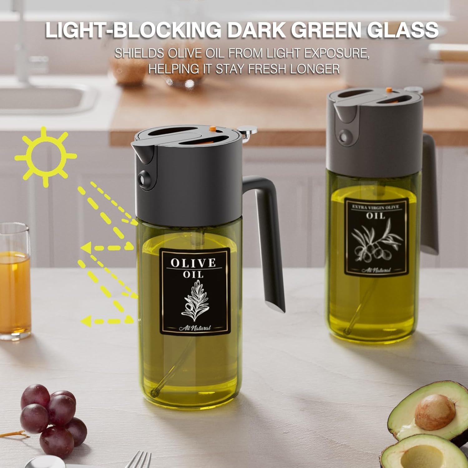 Skiennix 2-IN-1 Light-Blocking Dark Oil Sprayer - 500ml Glass Dispenser for Cooking & BBQ, Dark Green