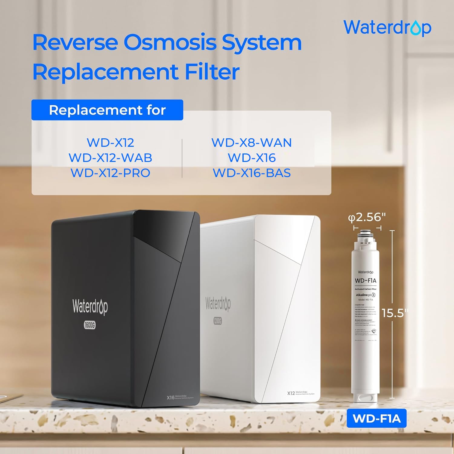 Waterdrop F1A Alkaline Mineral Filter, Replacement for X8-WAN & X12 & X12-WAB & X12-PRO & X16 & X16-BAS Tankless Reverse Osmosis System, Minerals Added, 12-month Lifetime