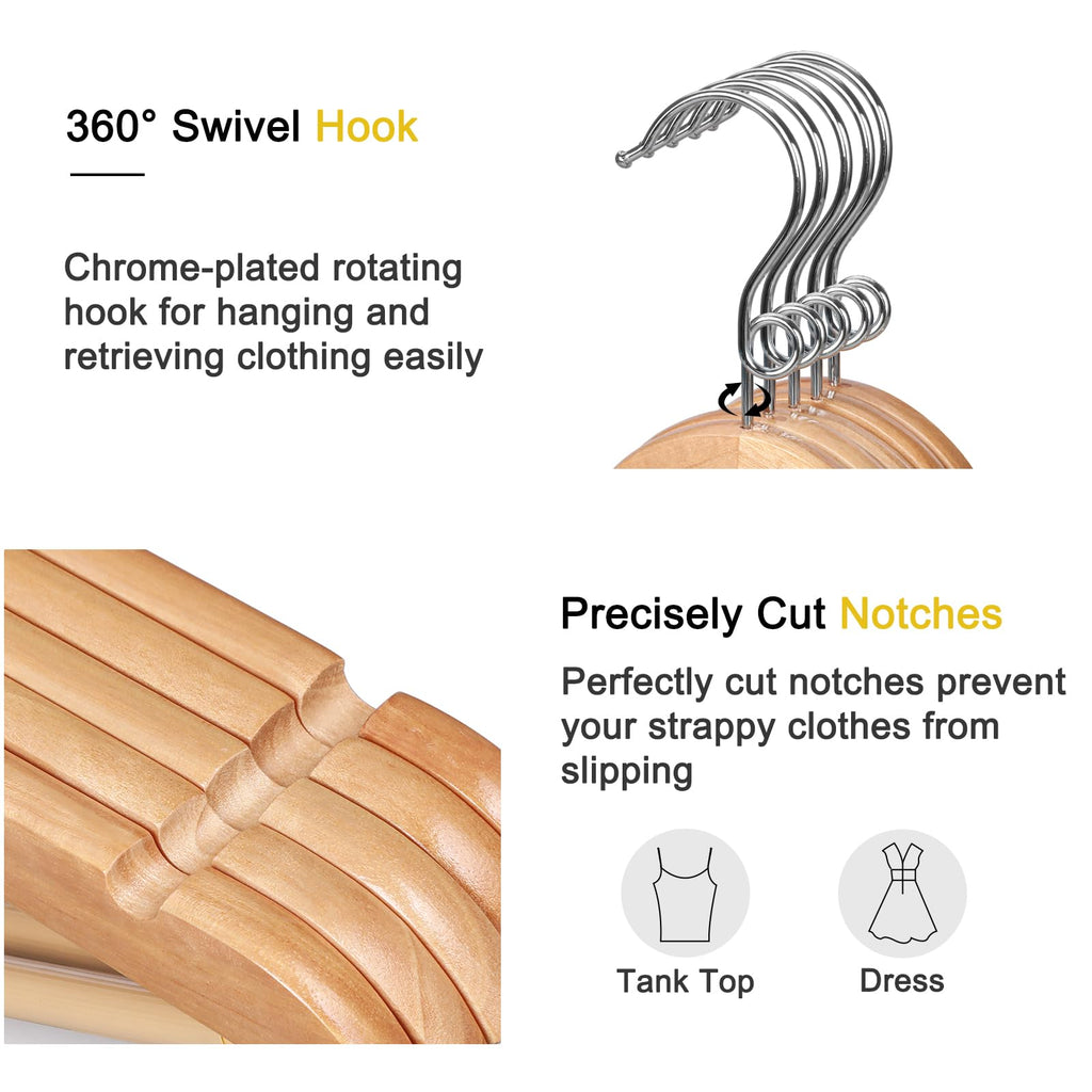TOPIA HANGER Wooden Hangers 30 Pack, Space Saving Coat Hanger with 360° Swivel Cascading Ring Hook, Non Slip Pants Bar and Shoulder Notches for Camisole, Jacket, Suit, Clothes Hangers -CT62N30