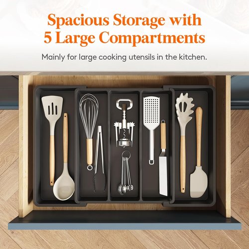 Lifewit Drawer Organizer Set - Expandable Plastic Storage for Silverware & Cooking Utensils, BPA-Free, Black