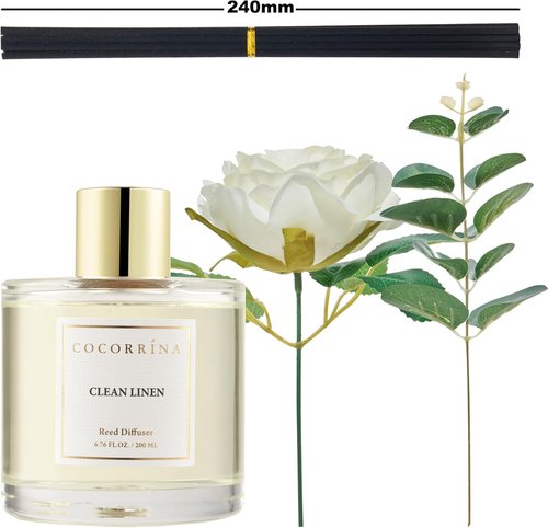 Cocorrína Flower Reed Diffuser - Clean Linen 6.7oz Scented Home Fragrance with Sticks | Elegant Bathroom Decor