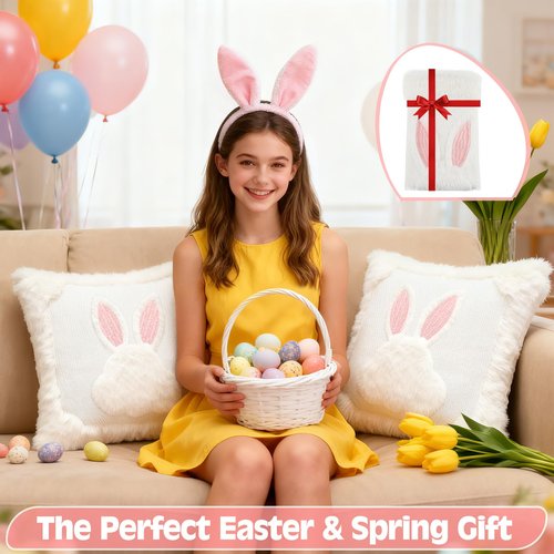 TIFFYONEK Easter Bunny Pillow Covers 18x18 Set of 2, Ultra-Soft Plush Faux Fur White Rabbit Throw Pillowcases with Pink Embroidered Ears for Spring Farmhouse Home Decor, Kids Room & Easter Gifts