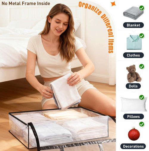 Clear Under Bed Storage Containers - 4 Pack Large Capacity Clothing Organizers with Lids & Handles | Foldable Totes for Bedding (60L)
