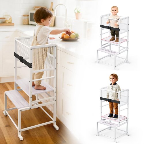 Toddler Kitchen Step Stool Adjustable Height Learning Standing Tower with Safety Feet, Steel Wood Kitchen Stool Helper for Kids, 1-3 Year Old Boy Girl Gifts