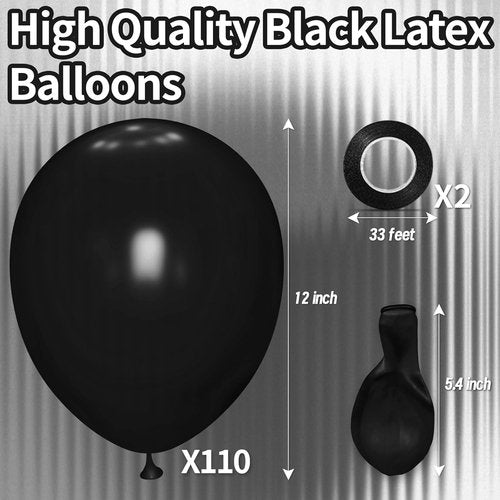 KAWKALSH 12-Inch Black Balloon - 110 Thickened Latex Party Balloons for Birthdays & Weddings