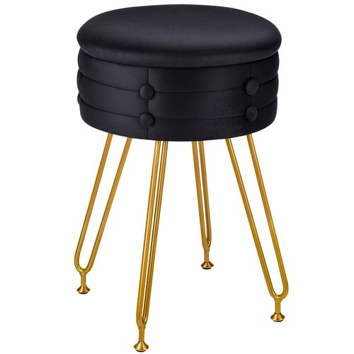 VECELO Round Vevlet Vanity Stool with Storage, 4 Metal Legs Vanity Seat with Anti-Slip Feet, Modern Vanity Chairs Footrest Furry Padded Seat, Space Saving, Easy to Clean for Makeup, Bedroom, Black