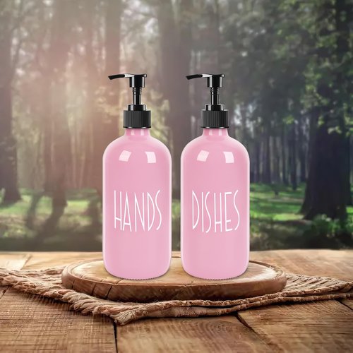 Glass Soap Dispenser with Plastic Pump for Kitchen - 16 OZ Glass Hand Soap Dispenser Set - Kitchen, Bathroom for Decor and Accessories (Pink)