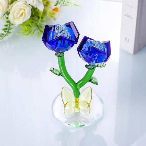 LONGWIN Crystal Blue Rose Flower Figurine - Elegant Glass Spring Bouquet Home Decor Gift for Her