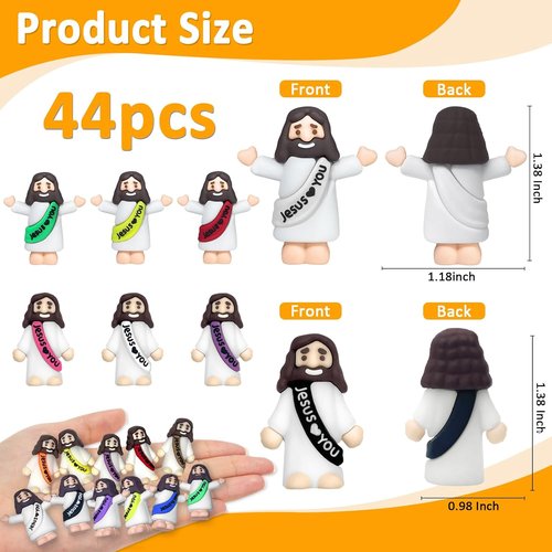 Keway Mini Jesus Figures - 44 PCS Rubber Pocket Figurines for Easter, Baptism & Sunday School | 11 Colors, 2 Styles