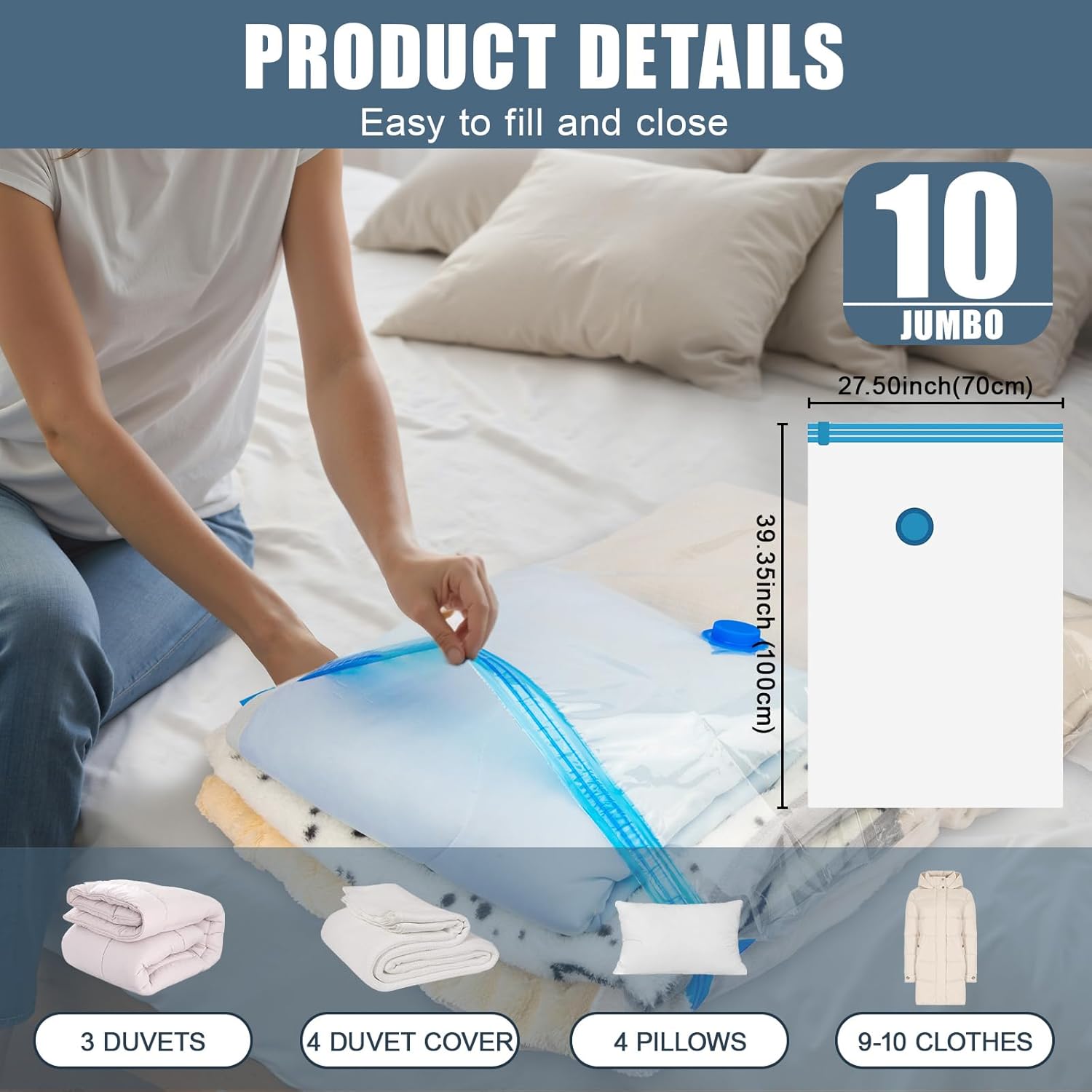 Skiennix Jumbo Vacuum Storage Bags - Extra Large Compression Bags with Hand Pump for Clothing & Bedding