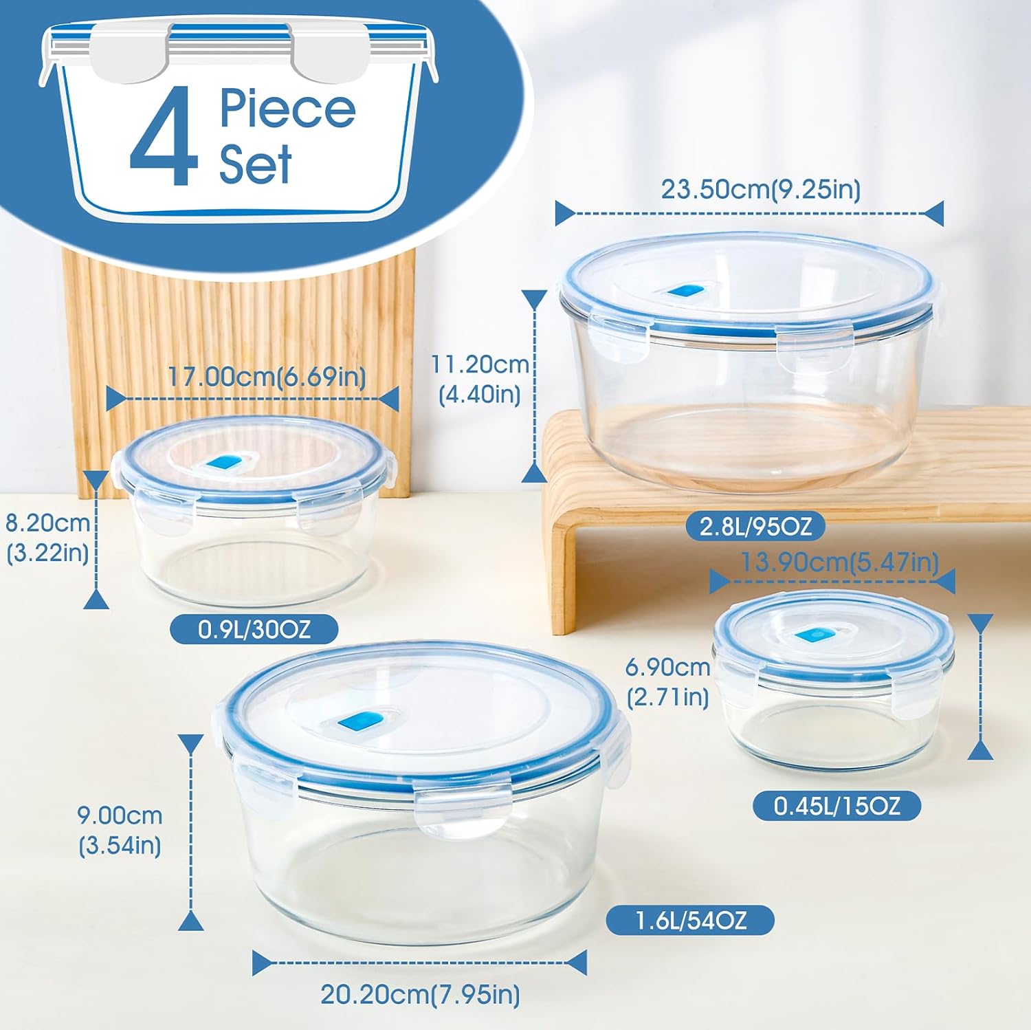 NUTRIUPS Round Glass Food Storage Containers - Airtight Lids for Meal Prep | 4-Piece Set, 15oz Each