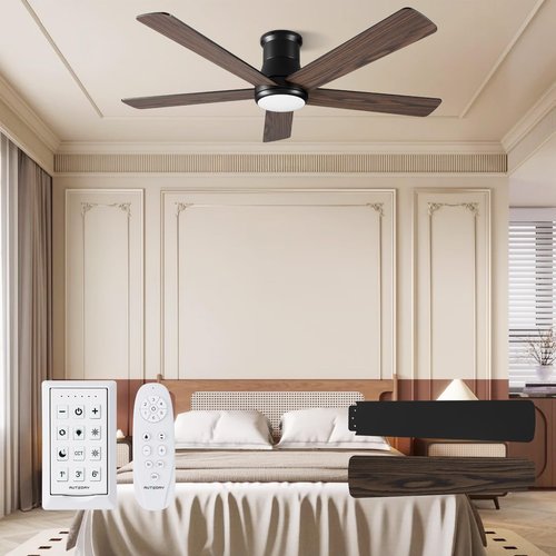 Autoday 52 Inch Low Profile Ceiling Fan with Light, Black Flush Mount Ceiling Fans with Lights and Remote, 6 Speeds Reversible Quiet DC, 3CCT Dimmable, Indoor Outdoor Ceiling Fans for Patios Bedroom