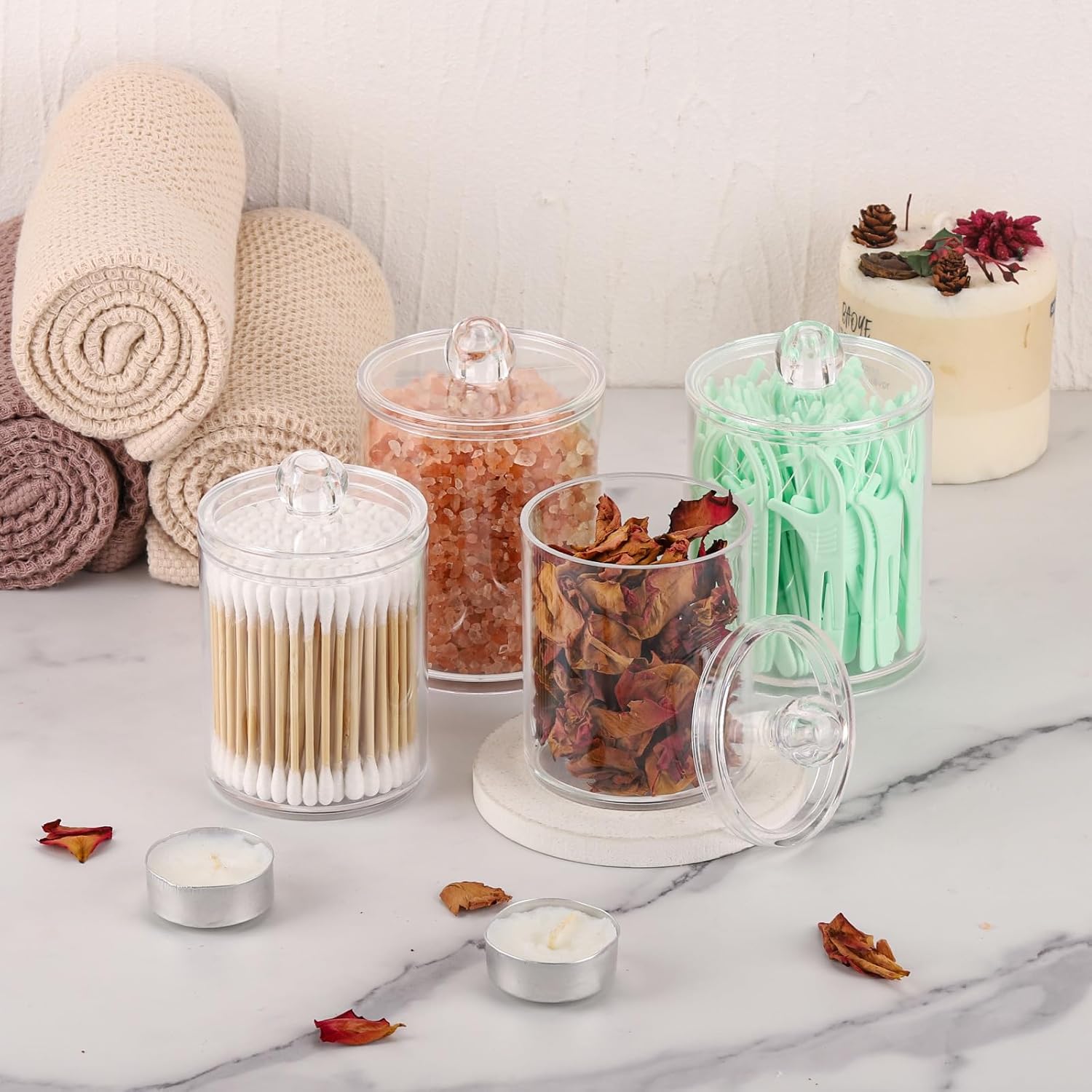 Tbestmax Qtip Holder Set - Clear Plastic Apothecary Jars for Bathroom Organization | 4 Pack