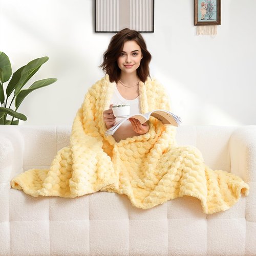 Excervent Flannel Fleece Throw Blanket(40x50 inches)for kids and pets, Big 3D Clouds Stylish Hexagon Jacquard Decorative Fuzzy Blankets for Household Camping and Travel, Super Soft Cozy, Light Yellow