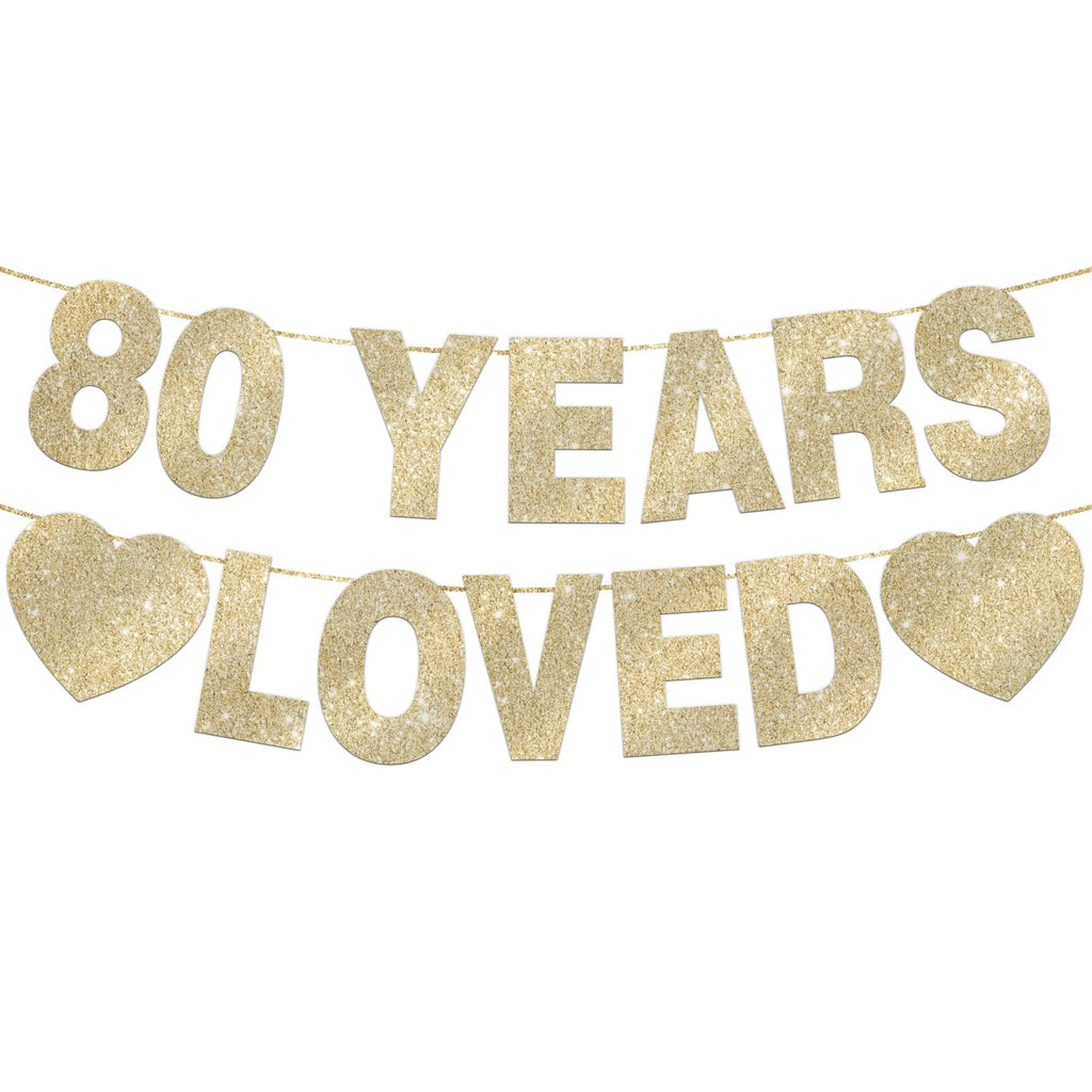 80 Years Loved Banner for 80th Birthday Decorations for Men Women Pre-Strung Birthday Banner Party Decorations Gold Glitter