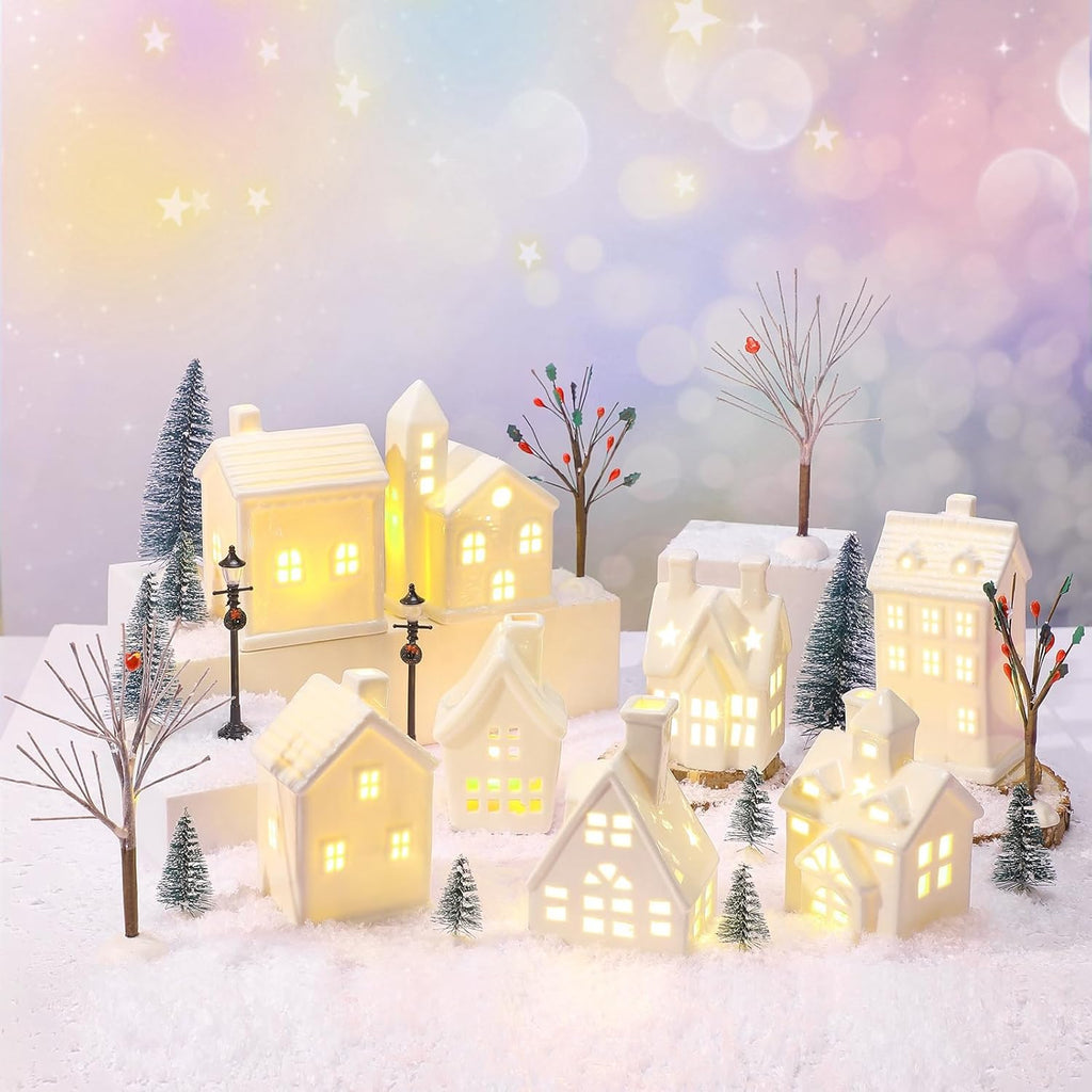 Tioncy 26 Pcs Ceramic Christmas Village Houses Set - Festive Tabletop Decor with Trees & Street Lamps
