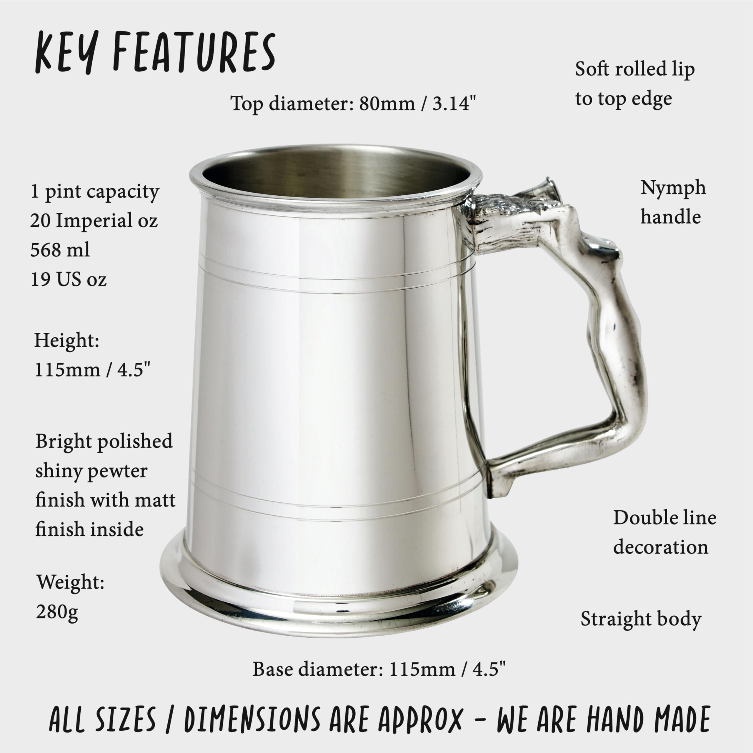 Wentworth Pewter - Nymph Handle 1 Pint Pewter Tankard