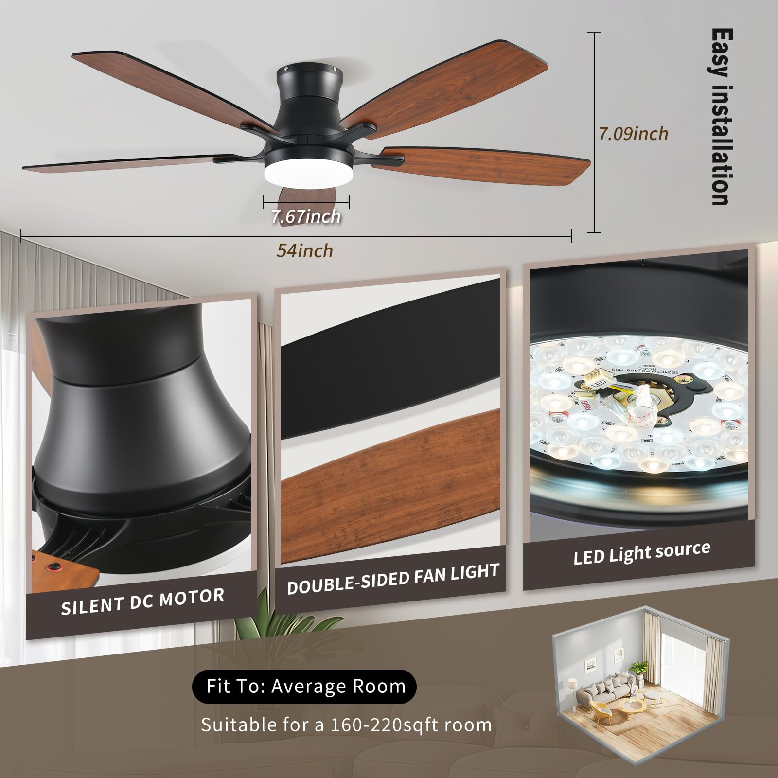 FUMLTP Ceiling fans with Lights, 54 In RGB Low Profile Indoor Ceiling fan with Light and Remote/App Control, Dimmable, Flush Mount, DC Reversible Motor, Noiseless Modern Ceiling Fan For Bedroom（Brown）