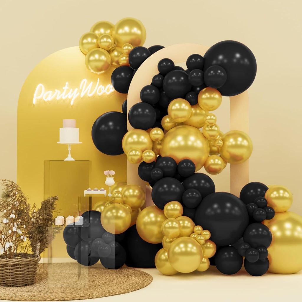 PartyWoo Black and Gold Balloon Arch Kit - 140pcs in Various Sizes for Birthday, Graduation & Events