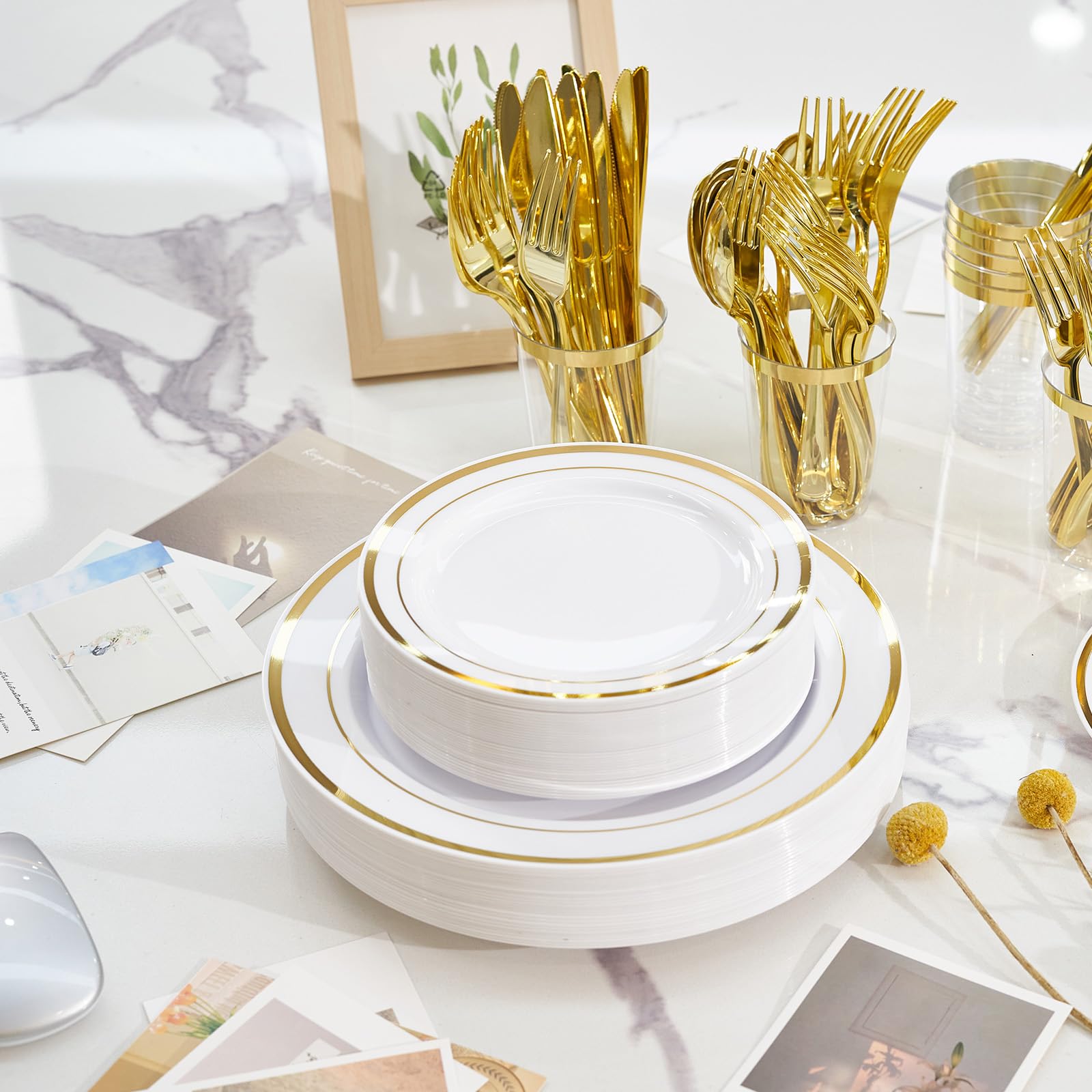 Fijinhom 350 Pieces Gold Disposable Plates for 50 Guests, Disposable Plastic Plates for Party, Wedding, Dinnerware Set of 50 Dinner Plates, 50 Salad Plates,50 Cups and 50 Paper Napkins, Gold