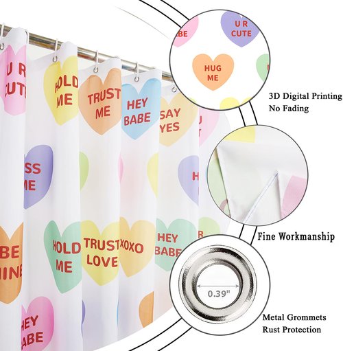Caheansi Valentine Shower Curtain, Colorful Candy Heart Love Theme Cute Bathroom Curtain Waterproof Fabric Machine Washable with Hooks, 72" Wx72 L