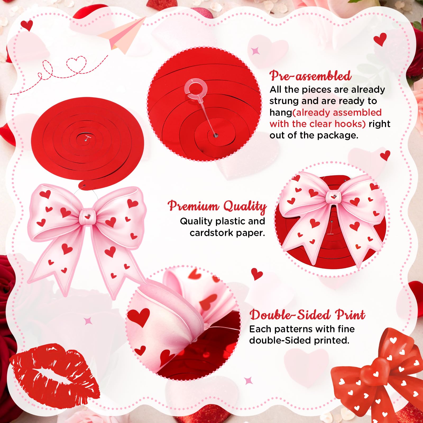 Valentines Day Bow Hanging Decorations, Pink Red Valentine Hearts and Bows Hanging Swirls Ceiling Decoration for Home, Bedroom, Classroom, Wedding Anniversary Galentines & Valentines Day Decorations