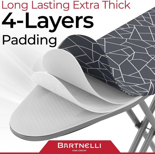 Bartnelli Compact Ironing Board - Space-Saving Steel Design | Adjustable Height, 13x43, Bonus Hanger & Silicone Pad