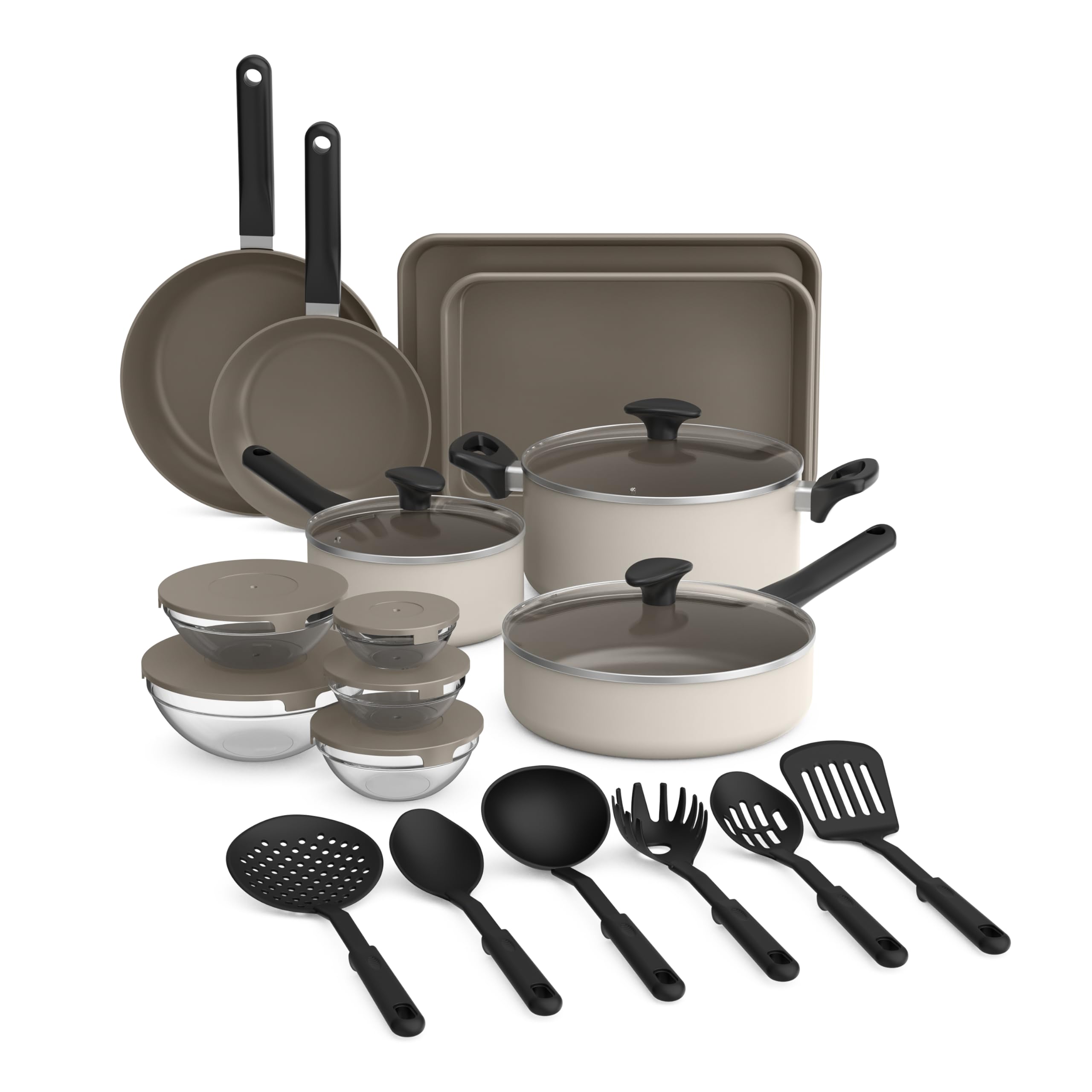 bella 21 Piece Kitchen Set with EverGood™ Ceramic Nonstick Coating, Dishwasher & Oven Safe, All Stovetops Compatible, Tempered Glass Lids & Cool Touch Handles, Oatmilk