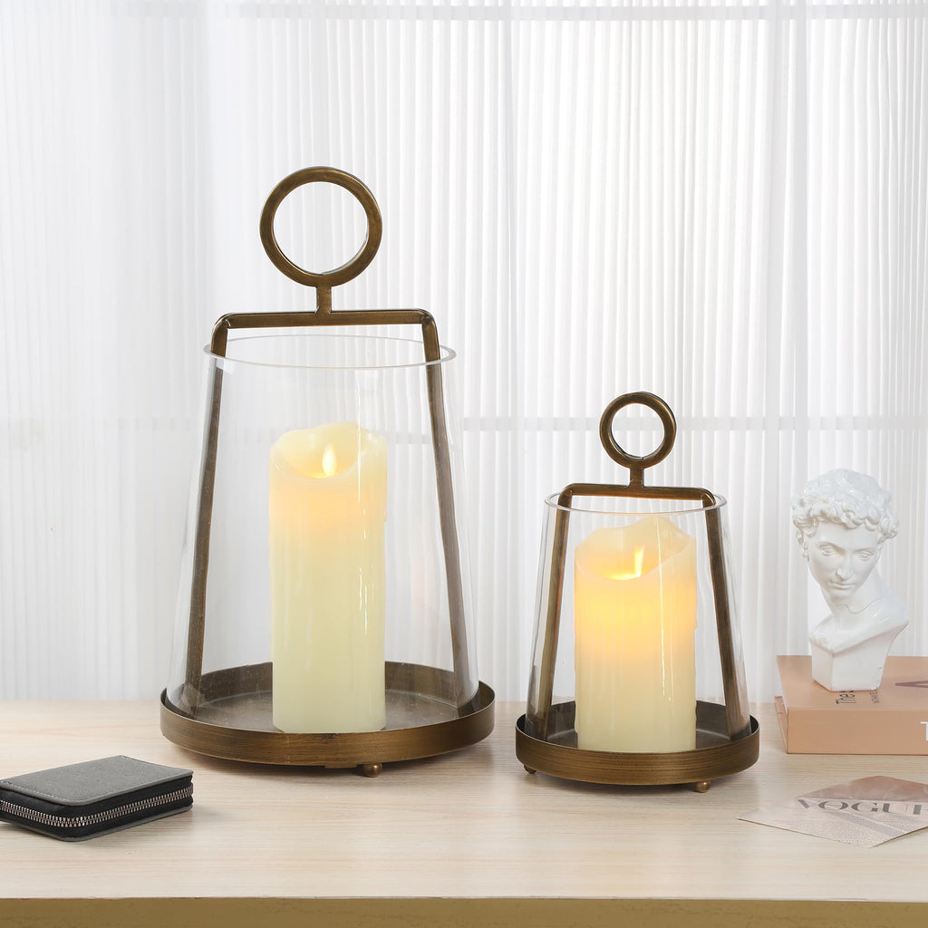 Twakutwaku 6" Wide Modern Farmhouse Metal Hurricane Candle Holder with Handmade Sturdy Glass Sleeve in Antique Brass for Pillar Candle & Plants, Glass Hurricane Lantern, Industrial, Minimalistic