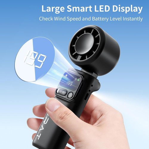 Lerat Portable Handheld Turbo Fan - 5-Speed High Power Mini Fan | 4000mAh Rechargeable Battery, 3-in-1 Foldable Design for Travel & Beach - Black