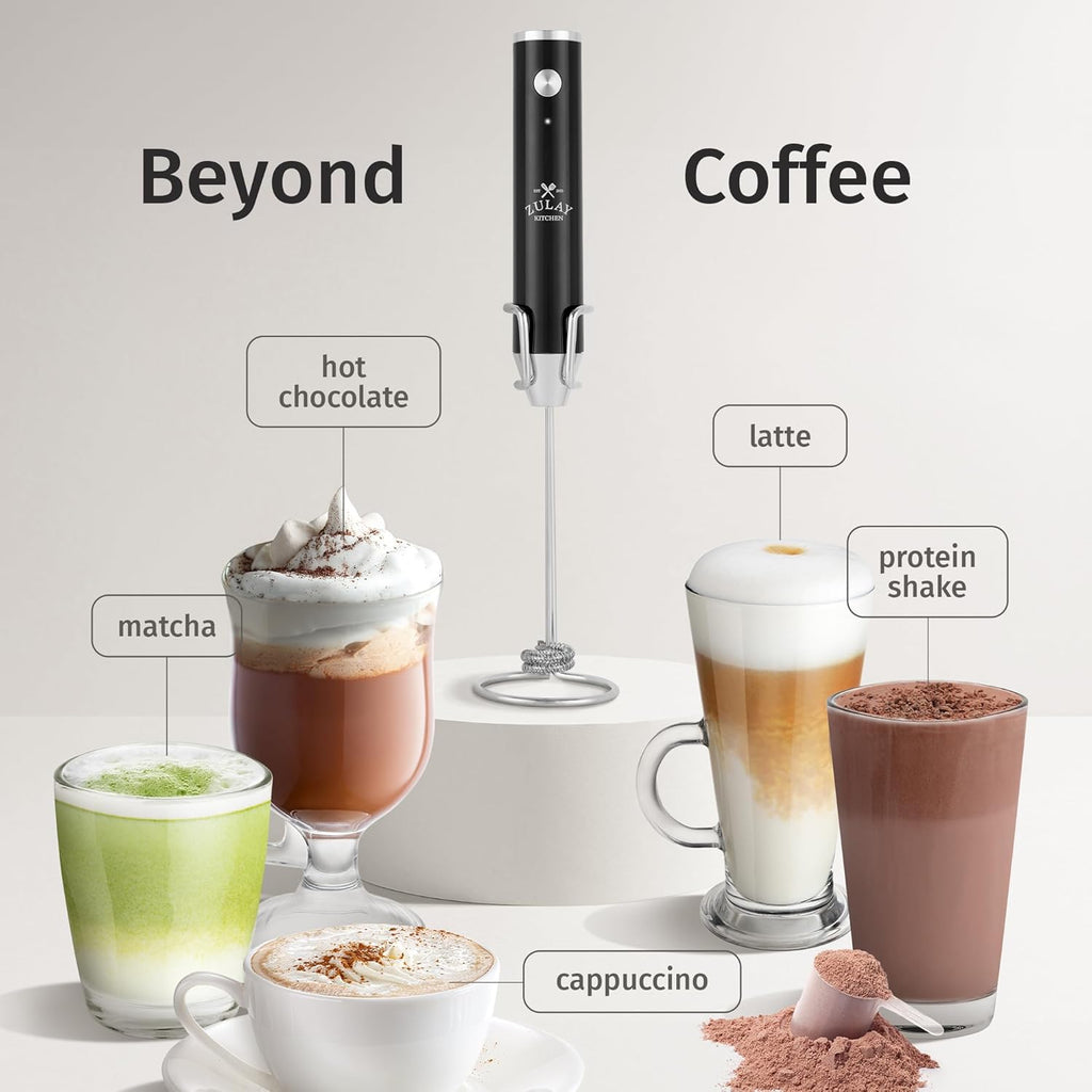Zulay Kitchen Rechargeable Milk Frother - Powerful 2-Speed Motor, Waterproof, 2000mAh Battery | Perfect for Lattes, Cappuccinos, Matcha & Protein Drinks - Obsidian Black