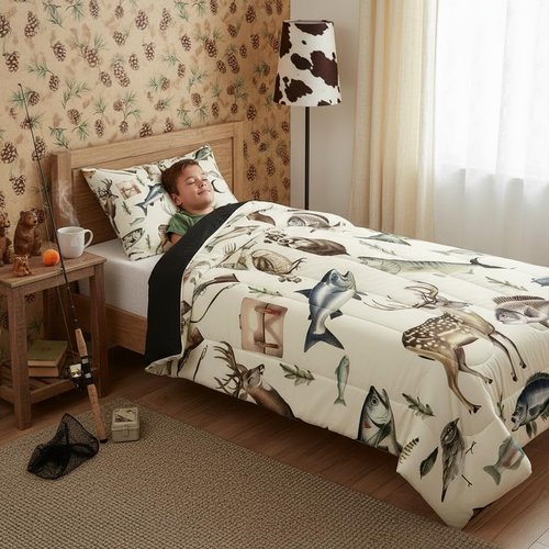 Erosebridal Hunting and Fishing Twin Bedding Set,Deer Hunting Comforter Set for Kids Boys Girls,Big Bass Pike Fish Comforter,Rustic Cabin Lake House Bedroom Room Decor,1 Pillowcase Breathable