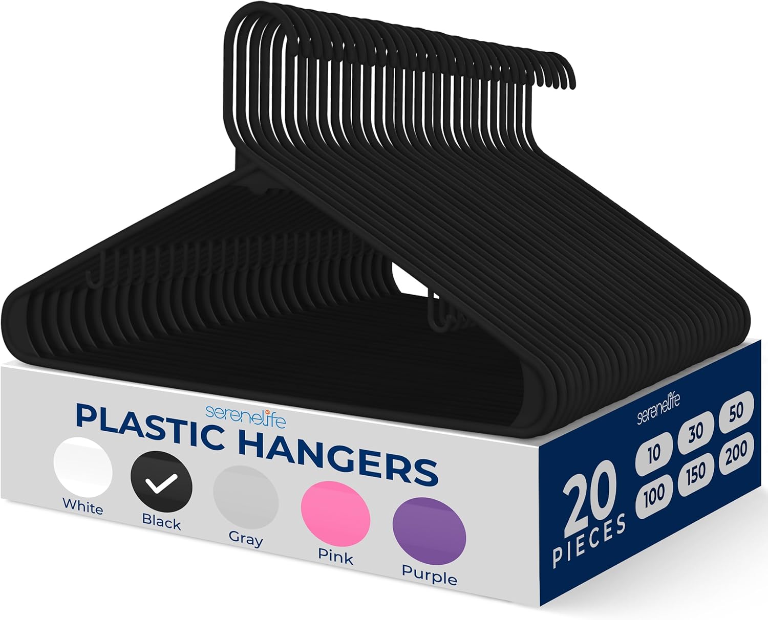 SereneLife Premium Plastic Hangers - Lightweight & Durable Space-Saving Clothes Organizers | 20 Pack (Black)