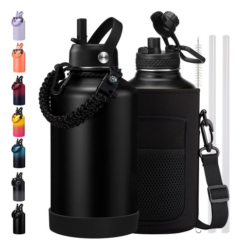 BENZZO 64 oz Water Bottle Insulated Leak Proof Travel Large 1/2 Half Gallon Water Jug Black for Christmas