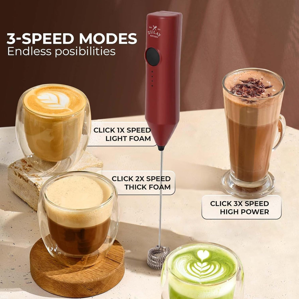 Zulay Kitchen Rechargeable Milk Frother - 3 Speeds & 3 Whisk Attachments - USB Charging for Lattes & Cappuccinos - Red/Black