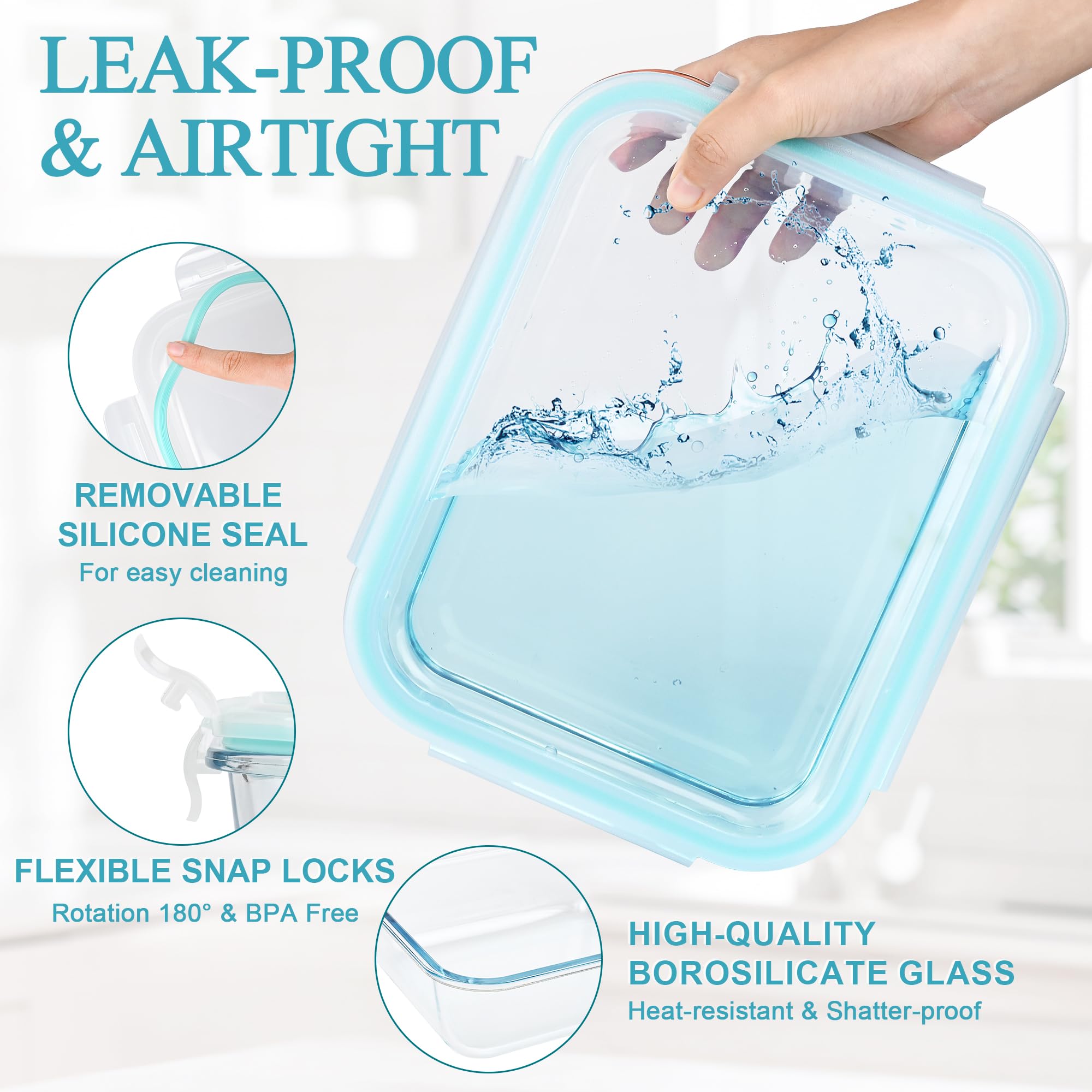 GEHE 9.8 Cup / 78 Oz Large Glass Food Storage Containers with Lids, 2 Pack Glass Meal Prep Containers Set with Airtight Locking Lids - Storing Food, Baking, Leakproof, Freezer, Microwave & Oven Safe
