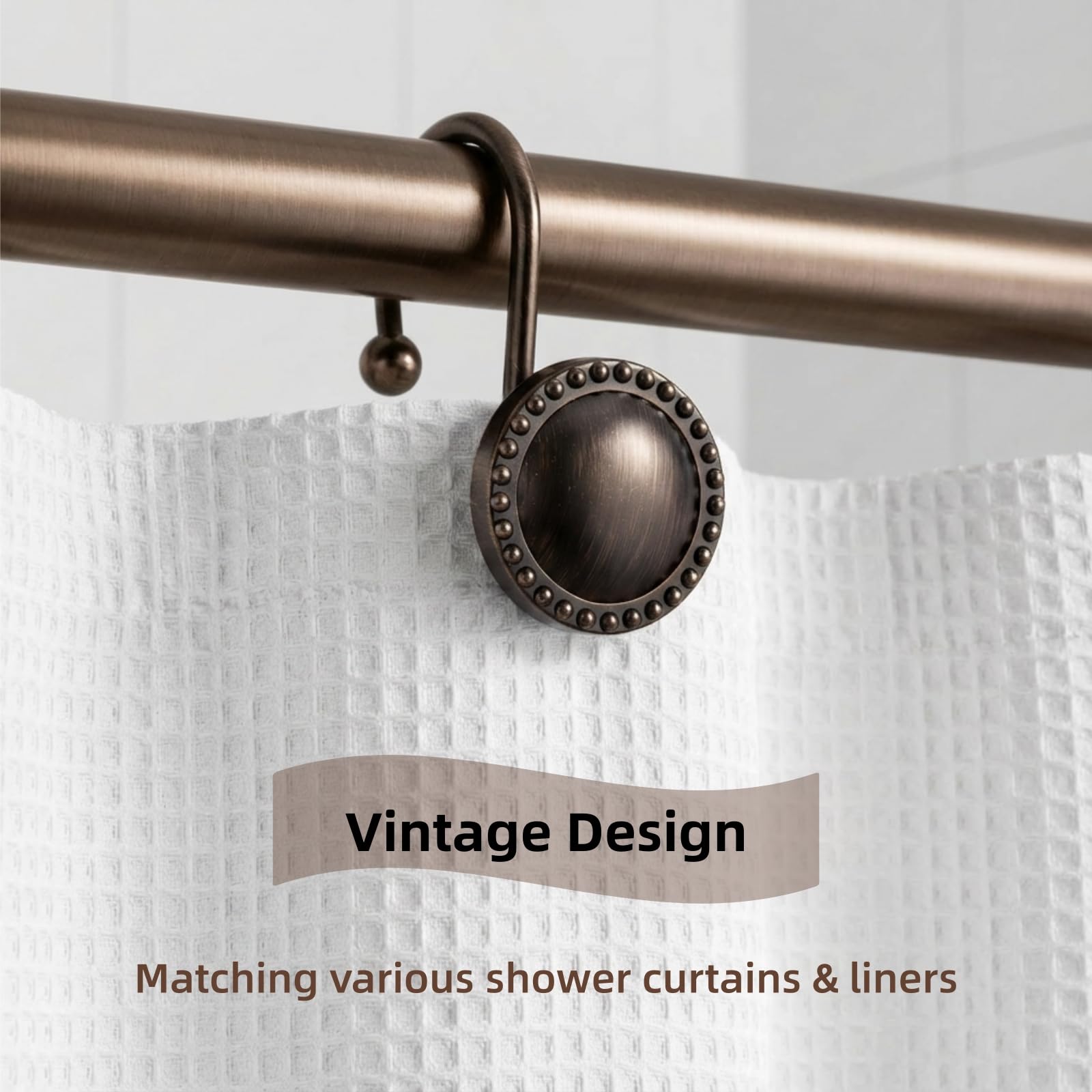 PSPFTN 12-Piece Set of Shower Curtain Hooks，Metal Decorative Rings， Anti-Rust Circular Design，Heavy Duty Design (Bronze)