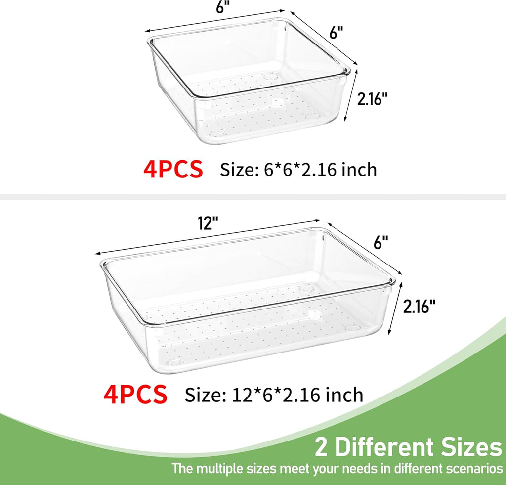 Skiennix 8-Piece Clear Plastic Drawer Organizer Set - Versatile Acrylic Trays for Makeup, Kitchen, Office & More