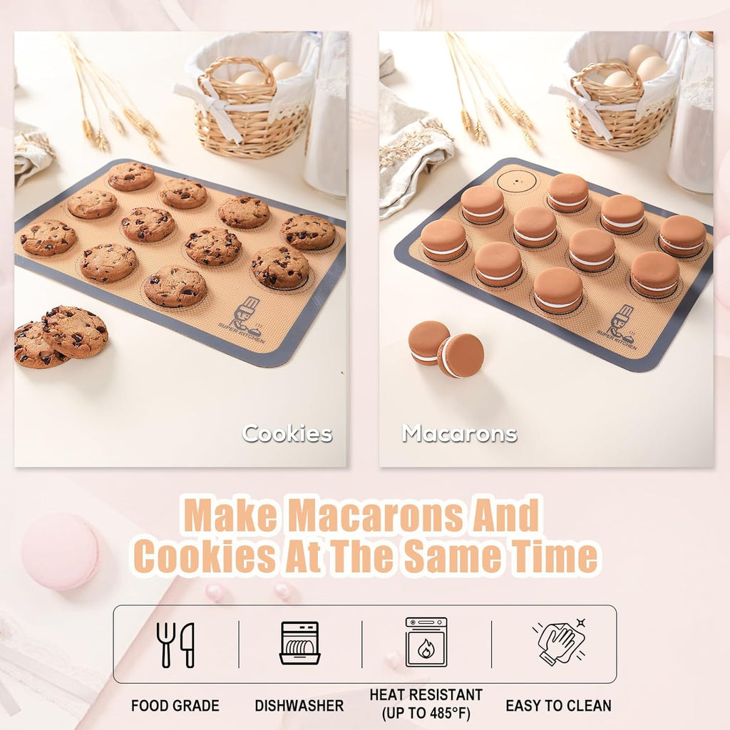 Silicone Baking Mat Macaron - Non-Stick Set of 3 Half & Quarter Sheet Liners | Red, Blue, Gray