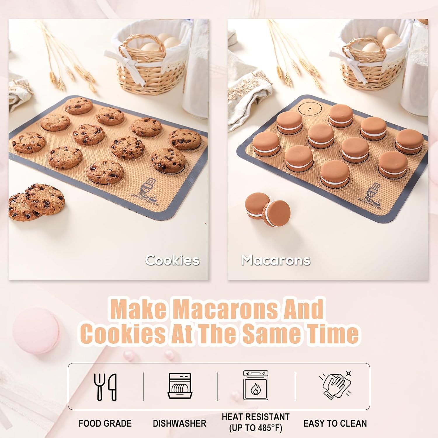 Silicone Baking Mat Macaron - Non-Stick Set of 3 Half & Quarter Sheet Liners | Red, Blue, Gray