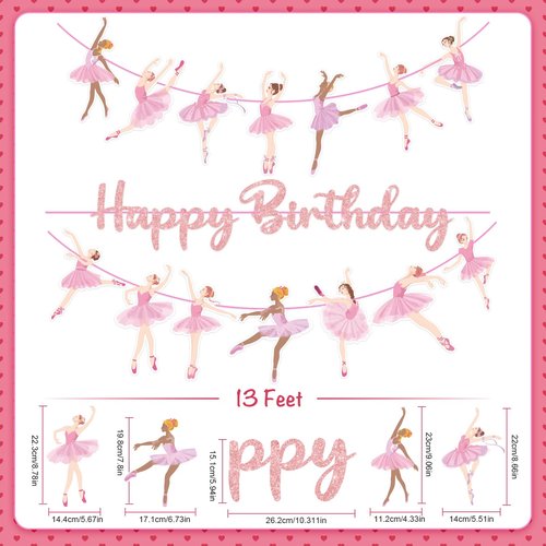 3pcs Pink Ballerina Birthday Party Banners, Ballet Girls Happy Birthday Decorations Ballet Themed Hanging Banner Decor for Girls Tutu Dance Party Supplies