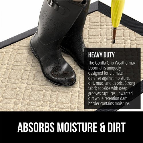 GORILLA GRIP Waterproof All-Season WeatherMAX Doormat - 47x35 Natural Rubber, Stain & Fade Resistant, Easy Clean Modern Latte
