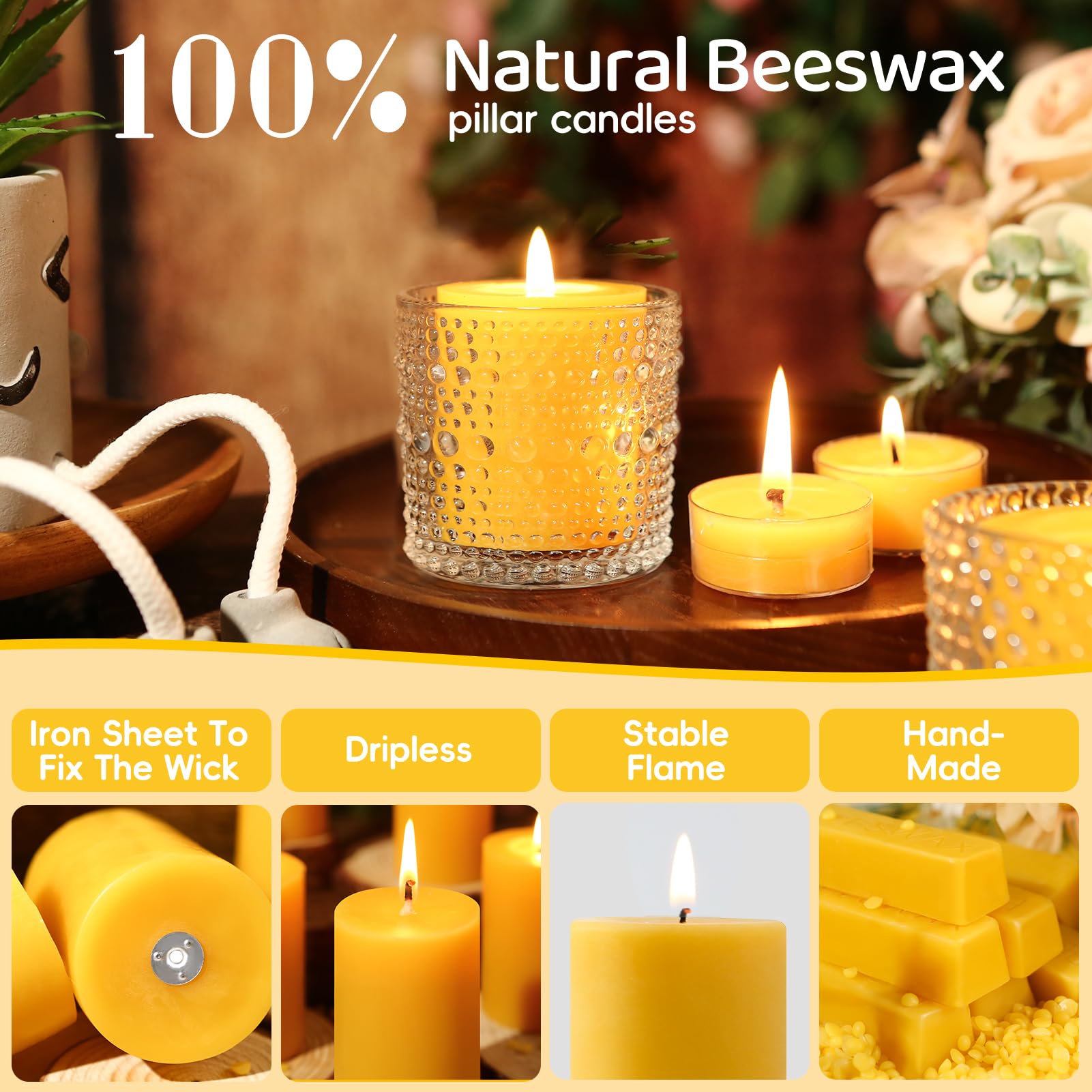 4 Pack Natural Beeswax Pillar Candles,2x2in 100% Pure Beeswax Candles-80 Hours Long Burning,Unscented Bees Wax Candles for Home,Prayer,Emergency,Dripless Smokeless Organic Pillar Candles Bluk