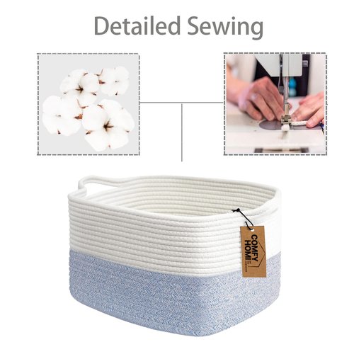Comfy-Homi Cotton Rope Woven Storage Basket - Stylish Organizing Bin with Handles | 13.5"x11"x9.5" | White/Blue