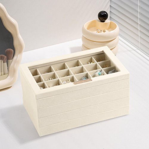 Frebeauty Stackable Jewelry Trays,Velvet Jewelry Organizer for Drawer,5-in-1 Jewelry Storage Box with Lid,Vanity Jewelry Display for Earrings Necklaces Rings,10.5 x 6.5 x 5.55 Inches,Gift for Women