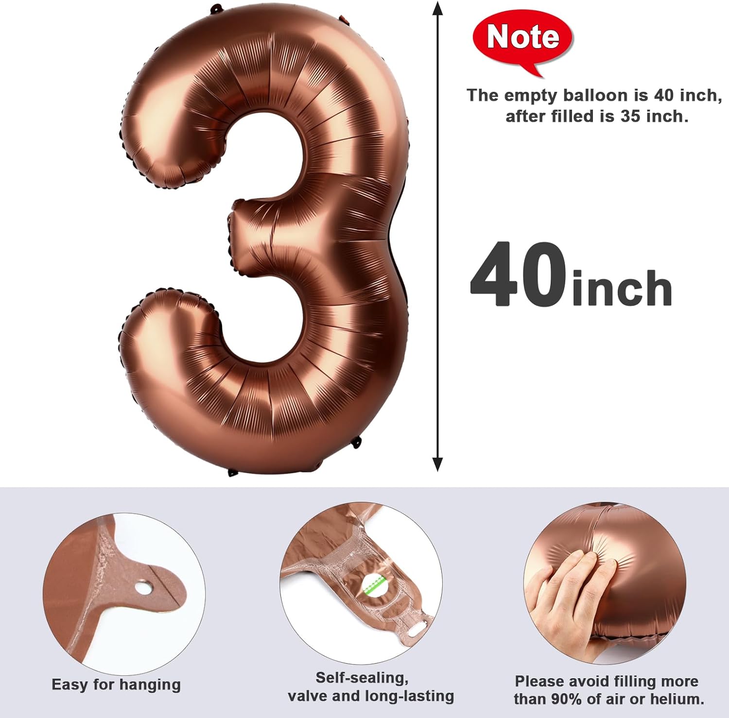 Numbers Balloon - 40 Inch Large Coffee Brown Balloon for 3rd Birthday Party Decorations