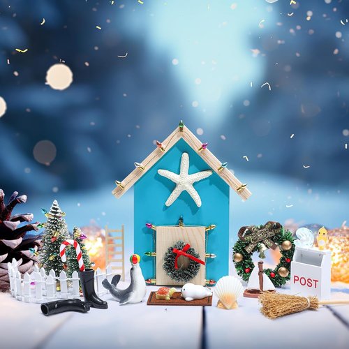 Gerrii 22 Pcs Blue Christmas Fairy Door Kit - Miniature Wooden Decor for Dollhouses & Kids' Rooms