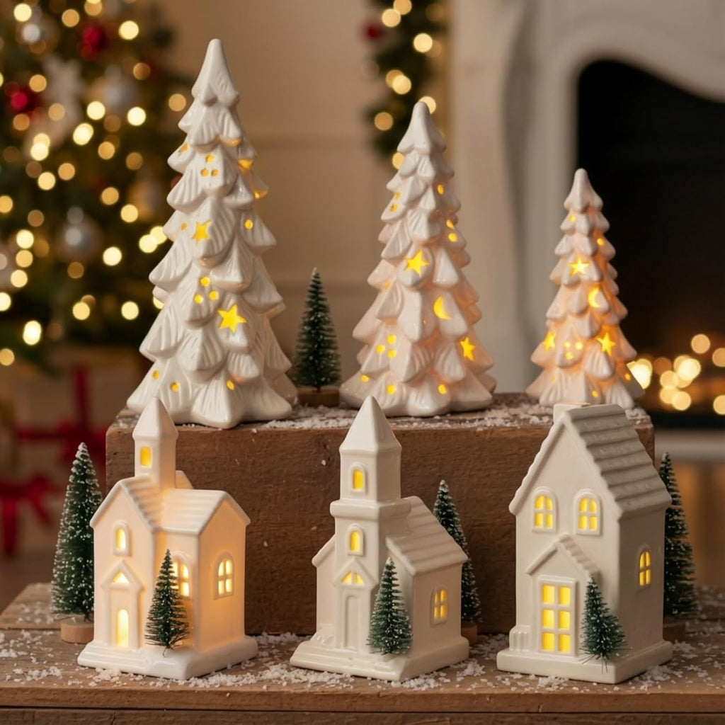 Nuogo Light Up Ceramic Christmas Trees Set - 6 Pcs White Porcelain with LED Lights & Glitter Snow for Holiday Decor