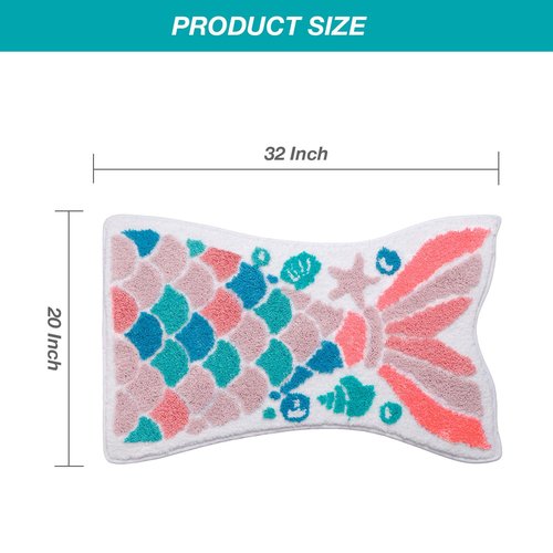 Faitove Mermaid Tail Bath Mat for Kids Bathroom Ocean Fish Scales Non-Slip Thick Microfiber Rugs Super Absorbent Cute Bathtub Decor Door Mat Pink Teal Girl’s Carpet - 32" x 20"